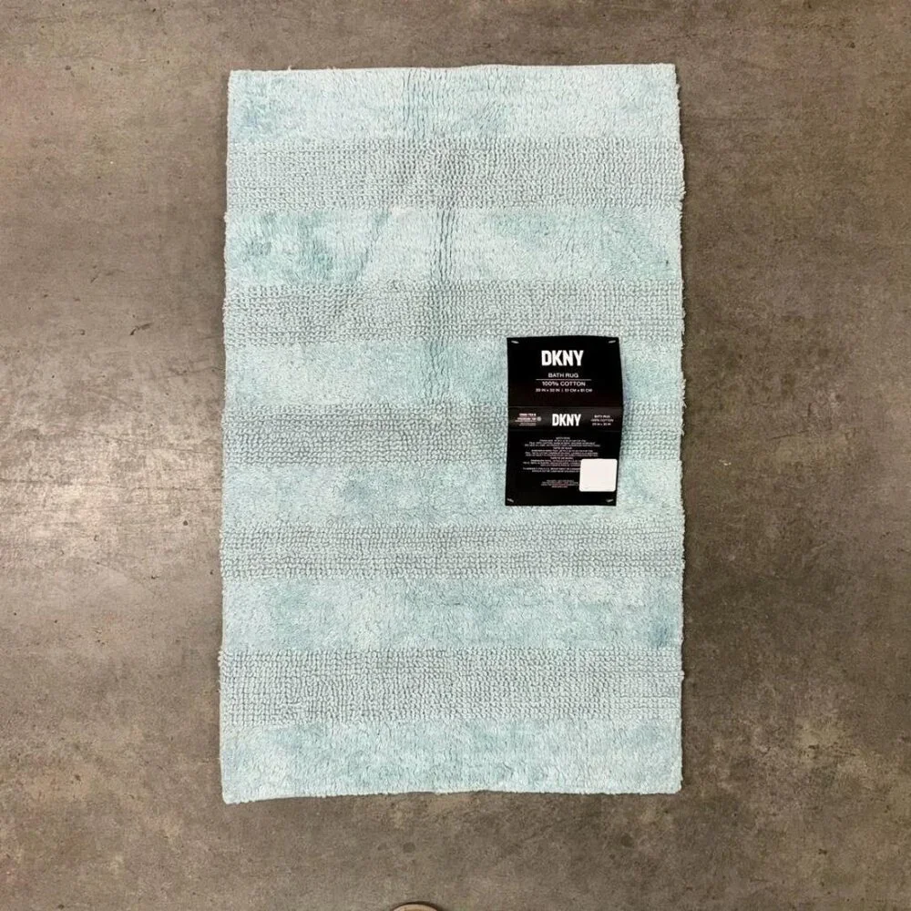 DKNY 20 x 32 Bath Rug Mat Mint Green Aqua Teal 100% Cotton Reversible Striped